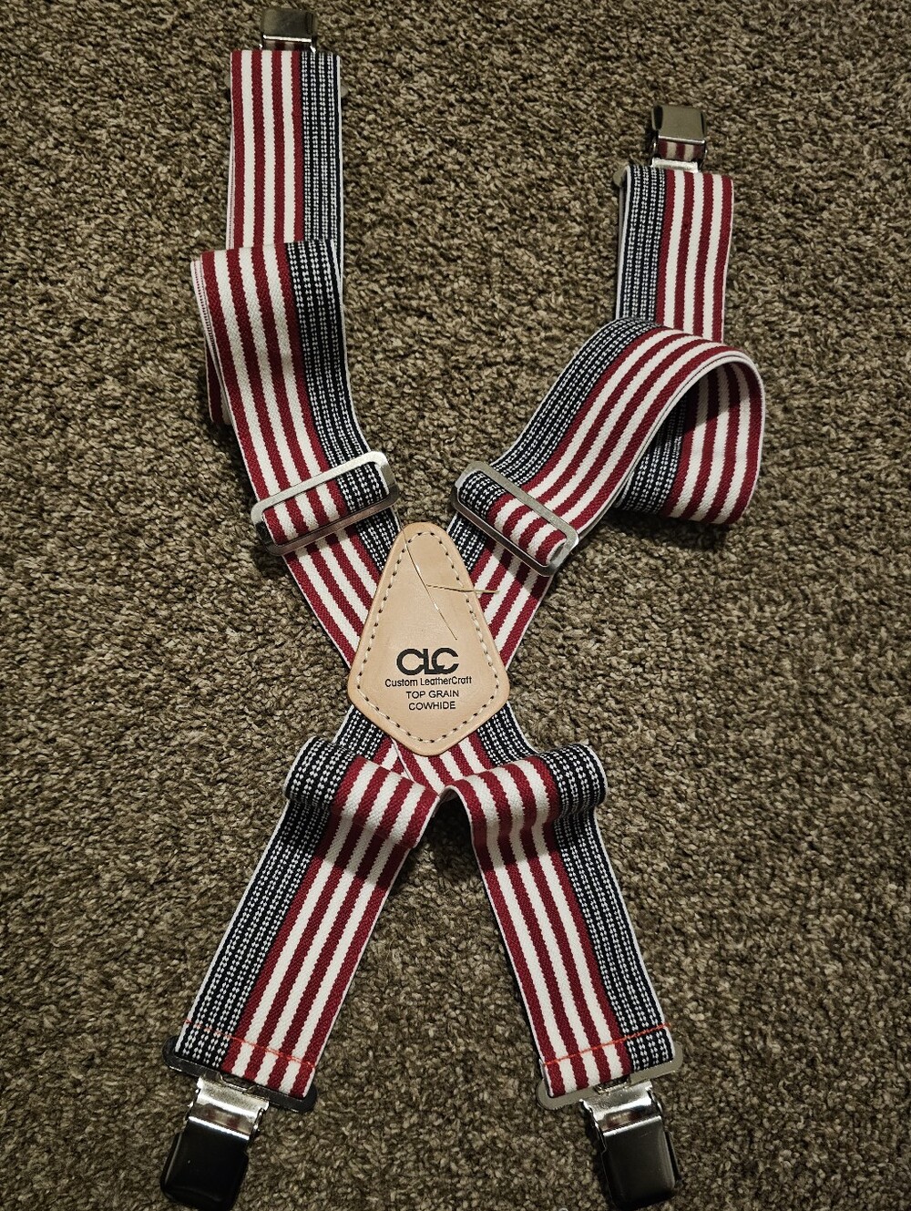 Red & Navy Striped Men's Suspenders with Leather Accent